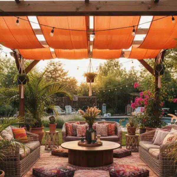 Un pergola en bois traditionnel avec des toiles de pergola orange