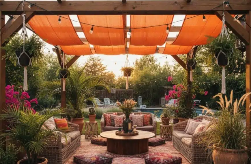 Un pergola en bois traditionnel avec des toiles de pergola orange