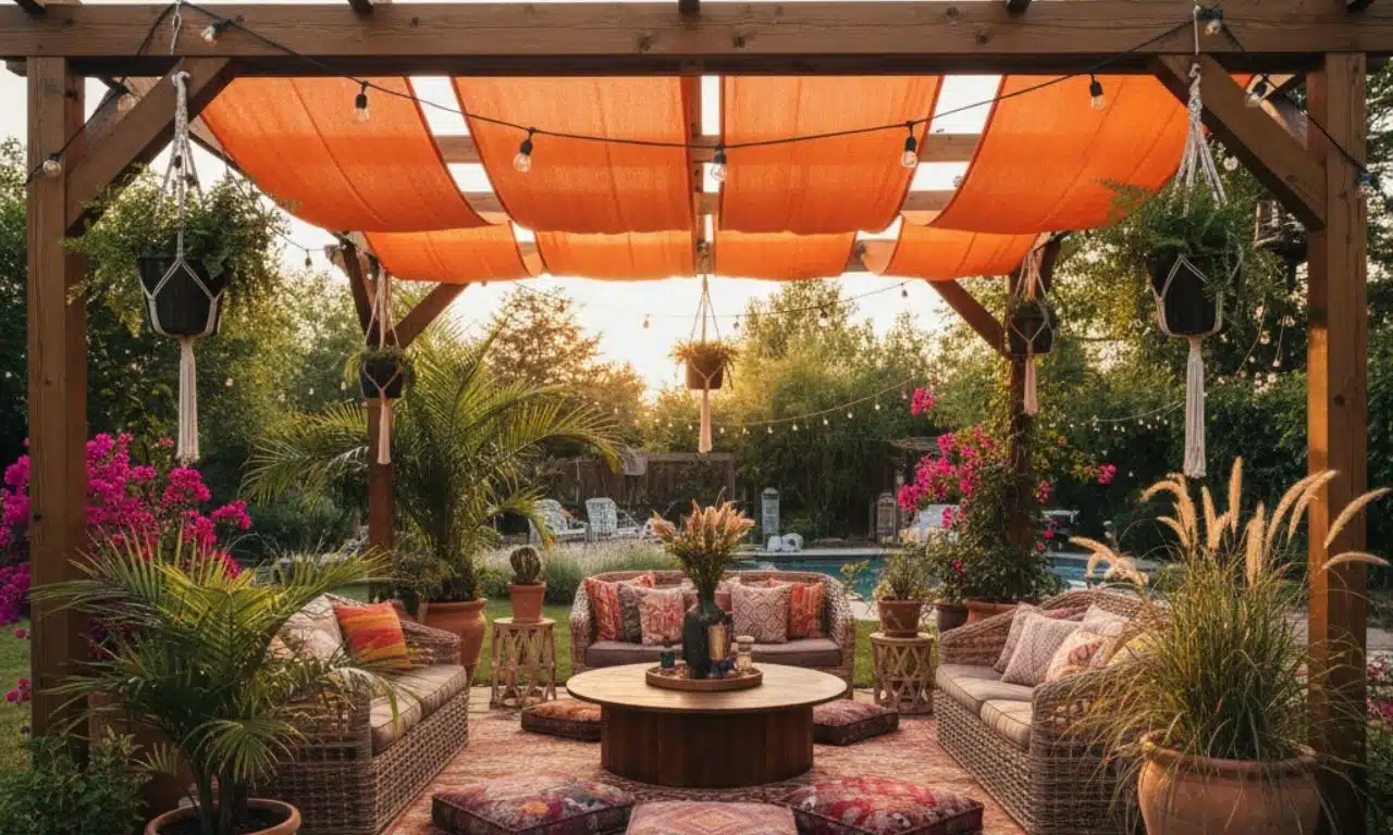 Un pergola en bois traditionnel avec des toiles de pergola orange