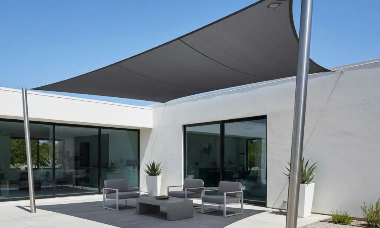 villa avec un voile d'ombrage prolongé sur le côté de la maison pour fournir de l'ombre