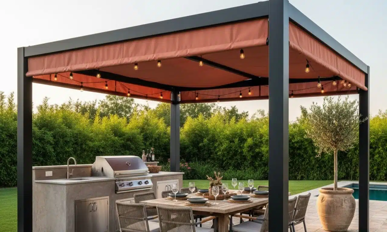 Un pergola moderne en métal avec une toile de pergola rouge