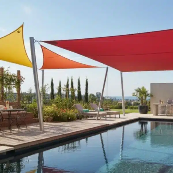 villa avec trois voiles d'ombrage en couleur pour fournir de l'ombre sur la piscine