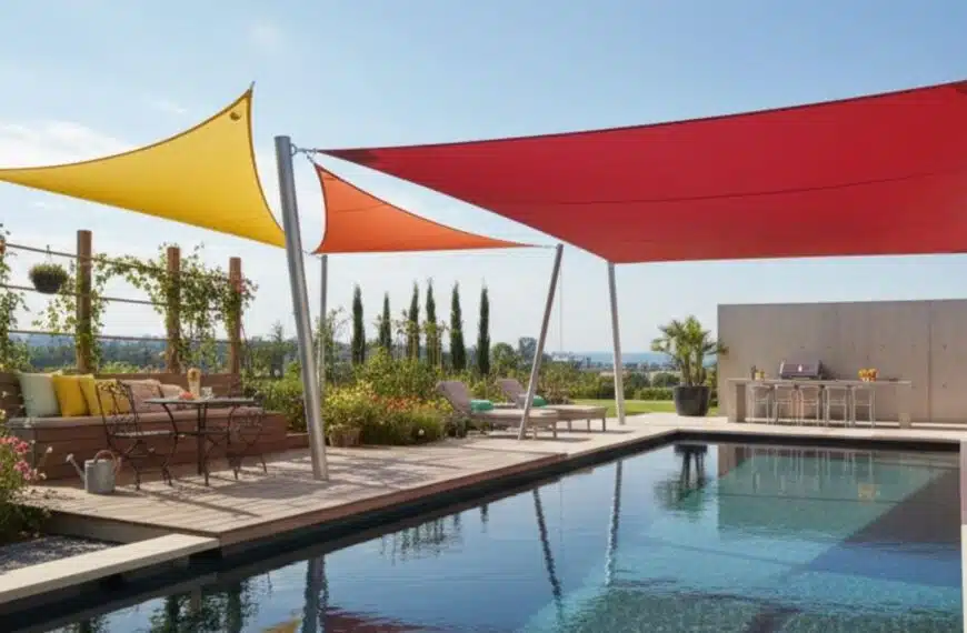 villa avec trois voiles d'ombrage en couleur pour fournir de l'ombre sur la piscine