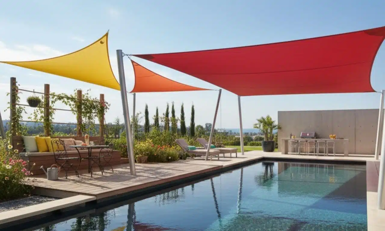 villa avec trois voiles d'ombrage en couleur pour fournir de l'ombre sur la piscine