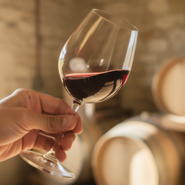 Verre de dégustation rempli de vin rouge dans une cave à vin