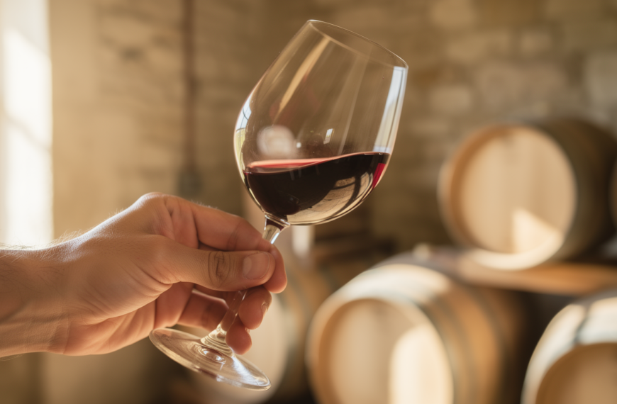 Verre de dégustation rempli de vin rouge dans une cave à vin