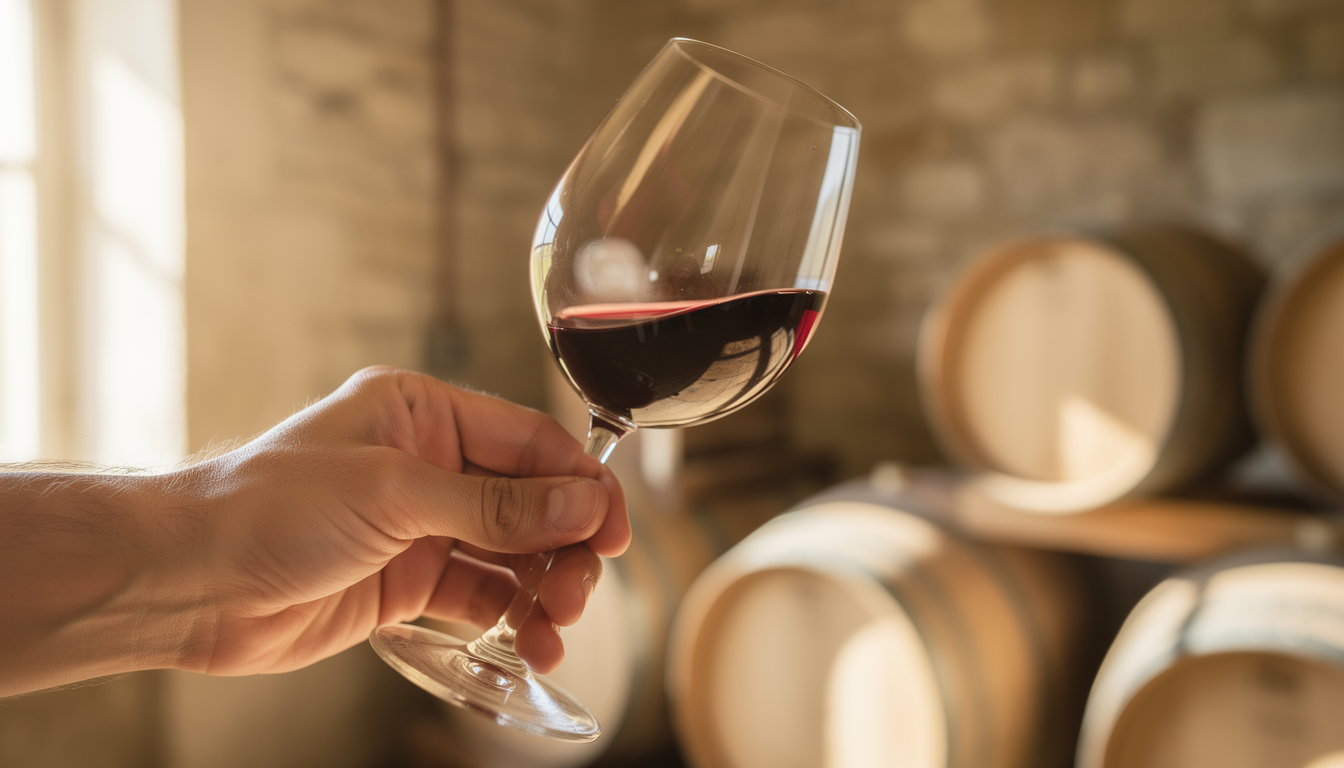 Verre de dégustation rempli de vin rouge dans une cave à vin